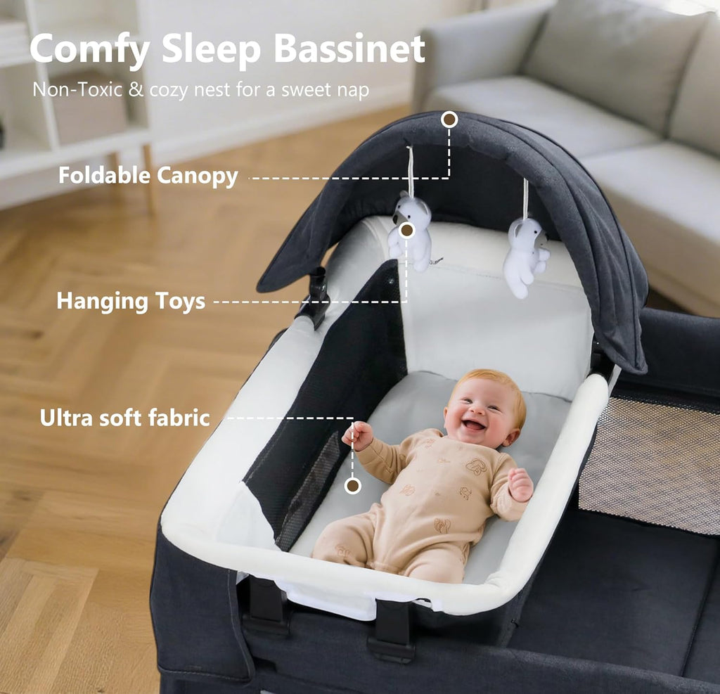 4 in 1 Foldable Pack and Play with Bassinet & Changing Table, Portable Playard for Babies and Toddlers, Adjustable Canopy, Storage Bag, Dark Gray