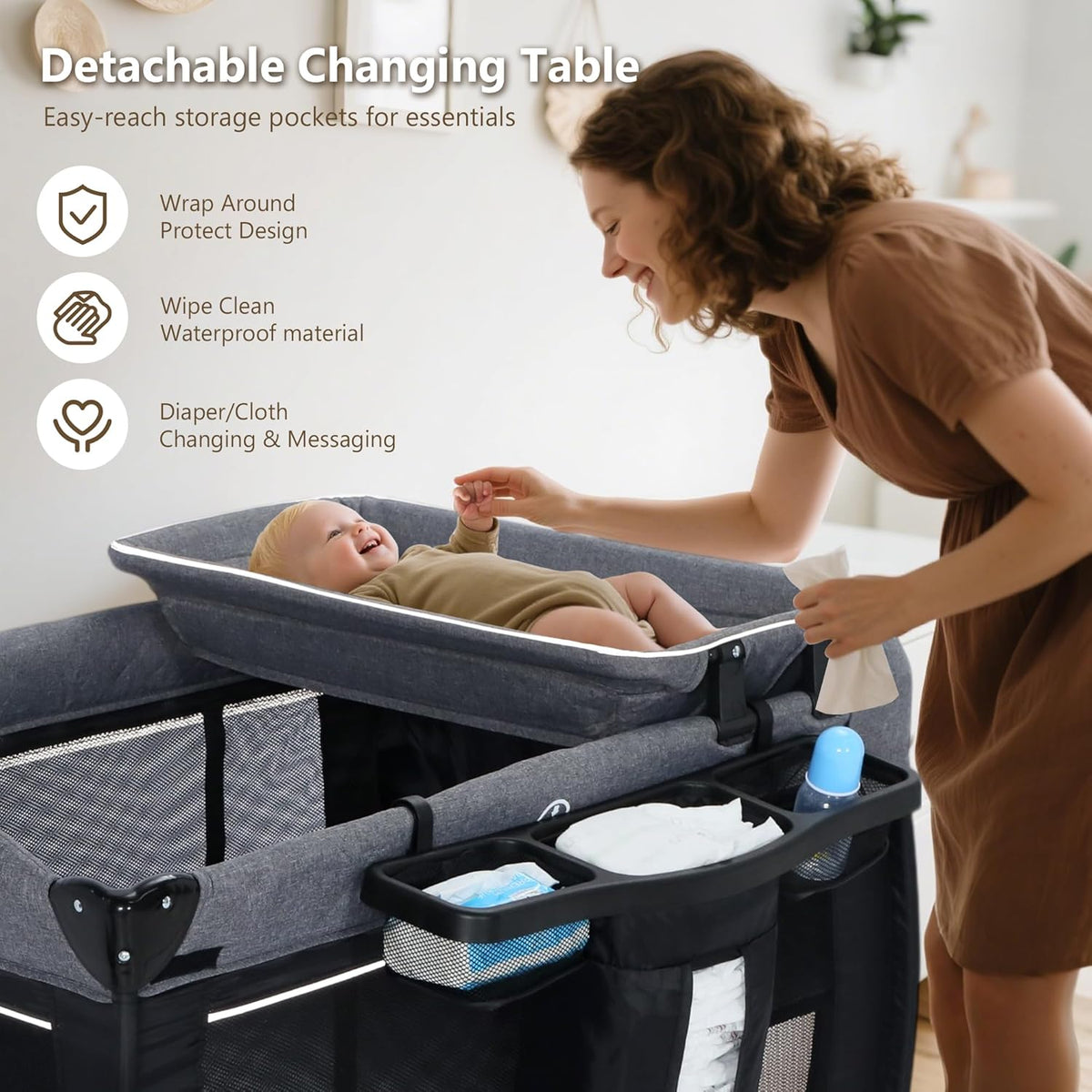 4 in 1 Foldable Pack and Play with Bassinet & Changing Table, Portable Playard for Babies and Toddlers, Adjustable Canopy, Storage Bag, Black
