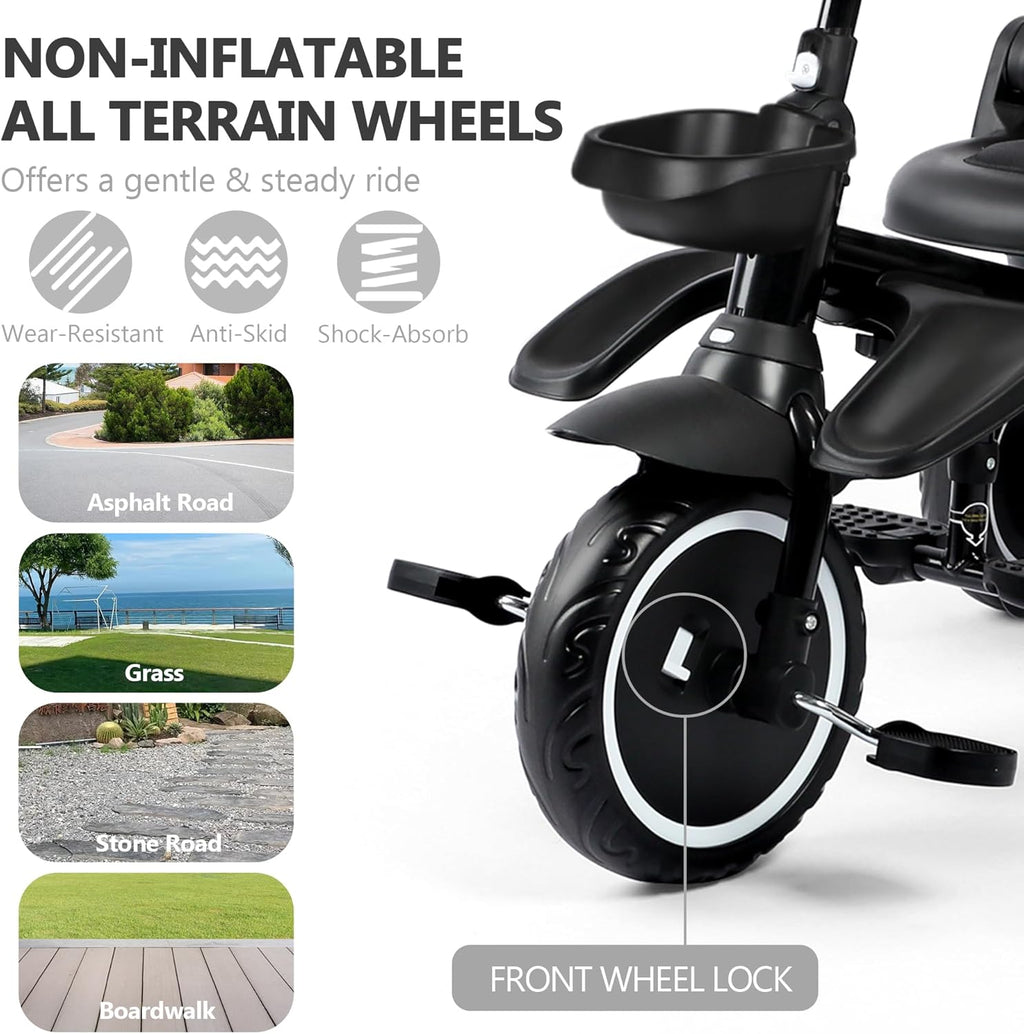 Kinder King Kids Tricycle, 8 in 1 Folding Toddler Trike w/Adjustable Push Handle, Rotatable Seat, Adjustable Canopy, Bell, Five-Point Harness, Storage, Bike Tricycle for Toddlers 1-3, Black