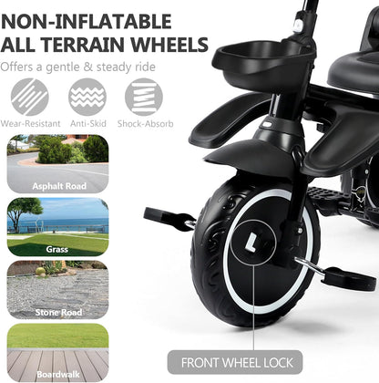Kinder King Kids Tricycle, 8 in 1 Folding Toddler Trike w/Adjustable Push Handle, Rotatable Seat, Adjustable Canopy, Bell, Five-Point Harness, Storage, Bike Tricycle for Toddlers 1-3, Black