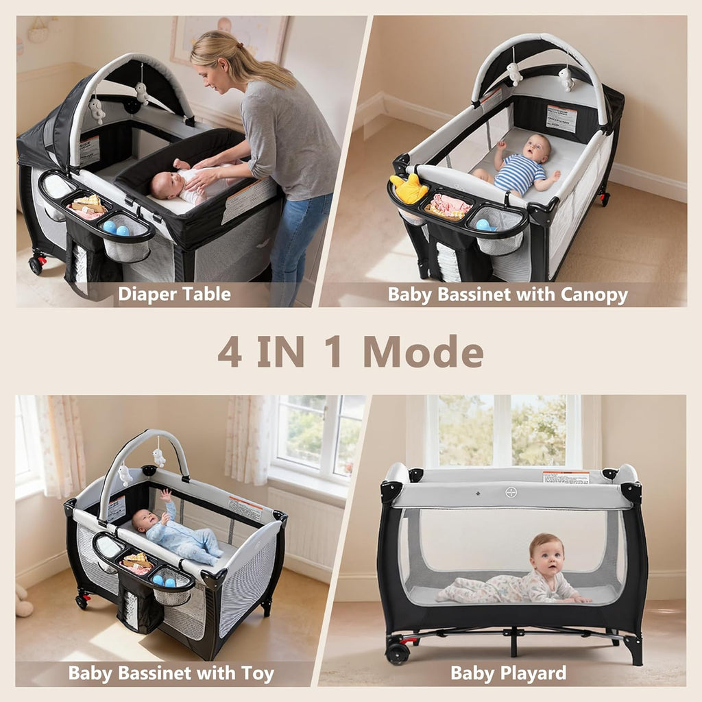 4 in 1 Portable Pack and Play, Baby Playard w/Bassinet, Large Playpen for Infant and Toddler, Newborn Changing Table, Adjustable Canopy, Storage Basket, Travel Bag, Black