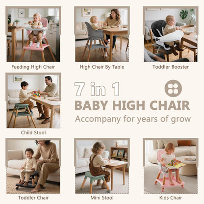 Kinder King 7 in 1 Baby High Chair for Babies and Toddlers with Large Storage Footrest, Booster Seat, Convertible Wooden High Chair with 3-Depth Double Dishwasher Safe Tray, 5 Point Harness, Pink