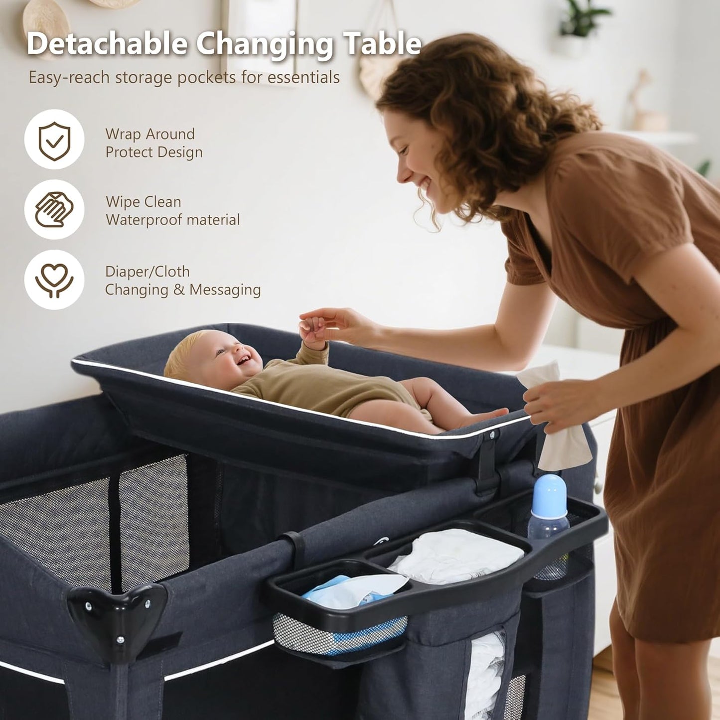 Kinder King 4 in 1 Foldable Pack and Play with Bassinet & Changing Table, Portable Playard for Babies and Toddlers, Adjustable Canopy, Storage Bag, Dark Gray