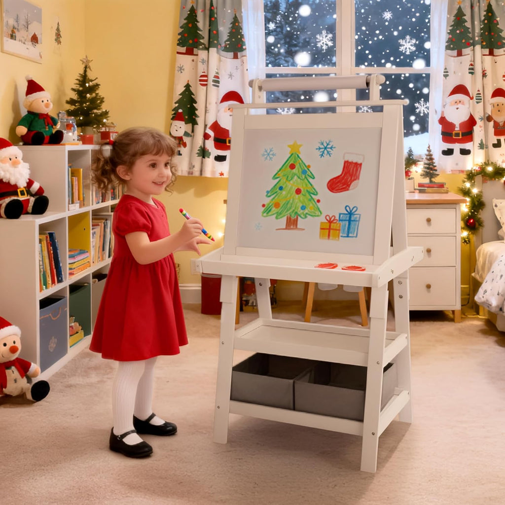 3 in 1 Kids Art Easel w/Storage, Double-Sided Magnetic Whiteboard & Chalkboard, Dry-Erase Board w/Paper Roller, Toddler Children Standing Easel for Painting & Drawing, Accessories, White