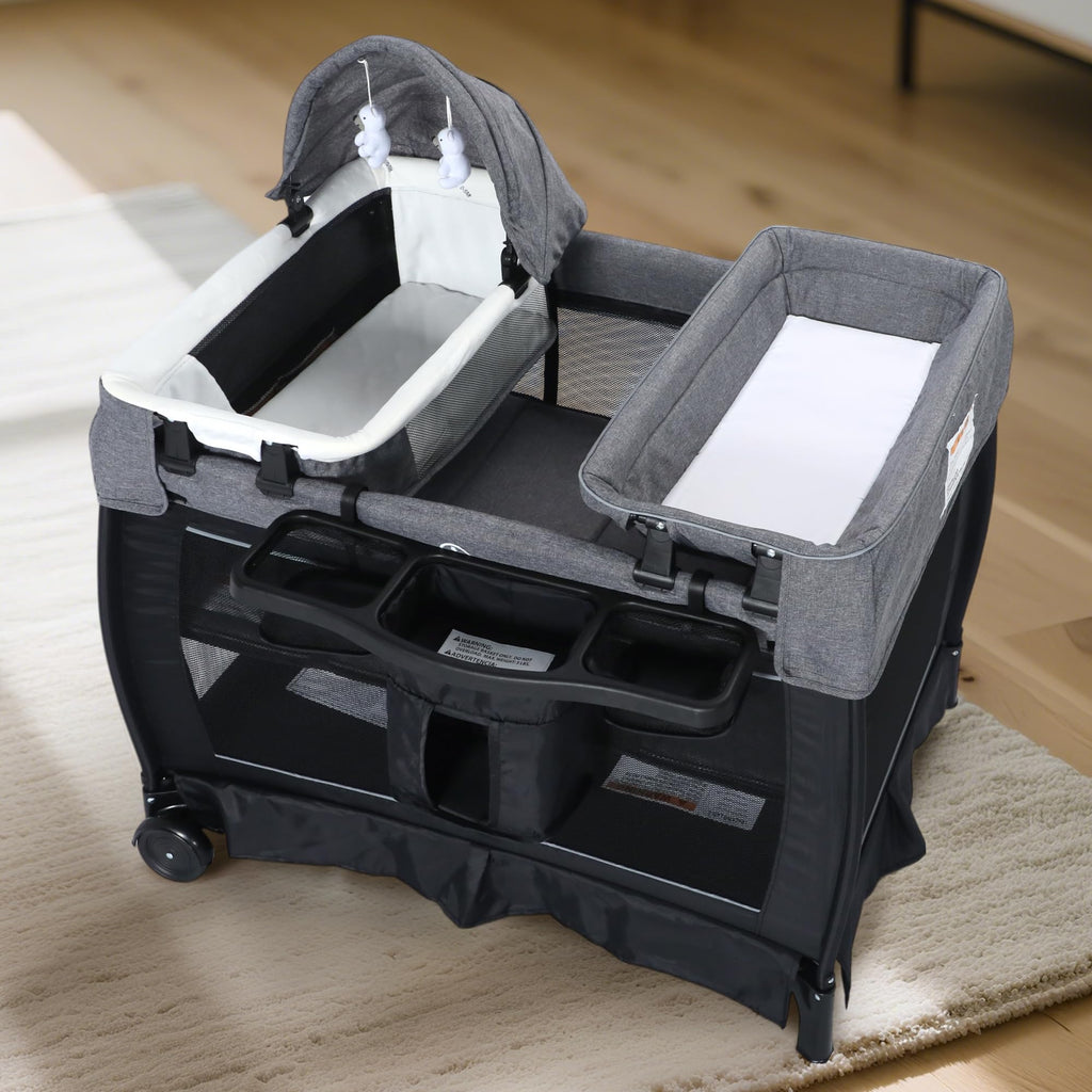 4 in 1 Foldable Pack and Play with Bassinet & Changing Table, Portable Playard for Babies and Toddlers, Adjustable Canopy, Storage Bag, Black