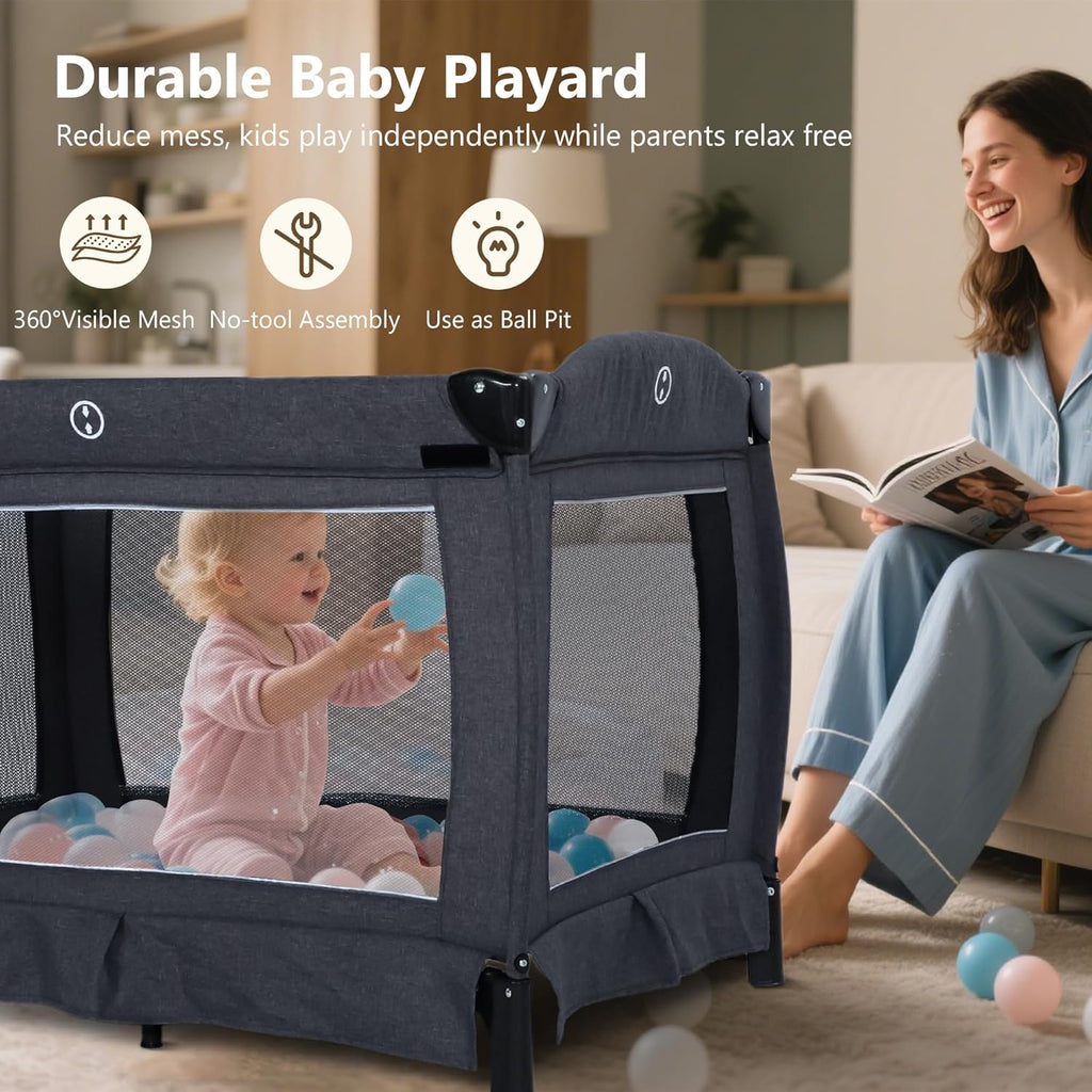 4 in 1 Foldable Pack and Play with Bassinet & Changing Table, Portable Playard for Babies and Toddlers, Adjustable Canopy, Storage Bag, Dark Gray