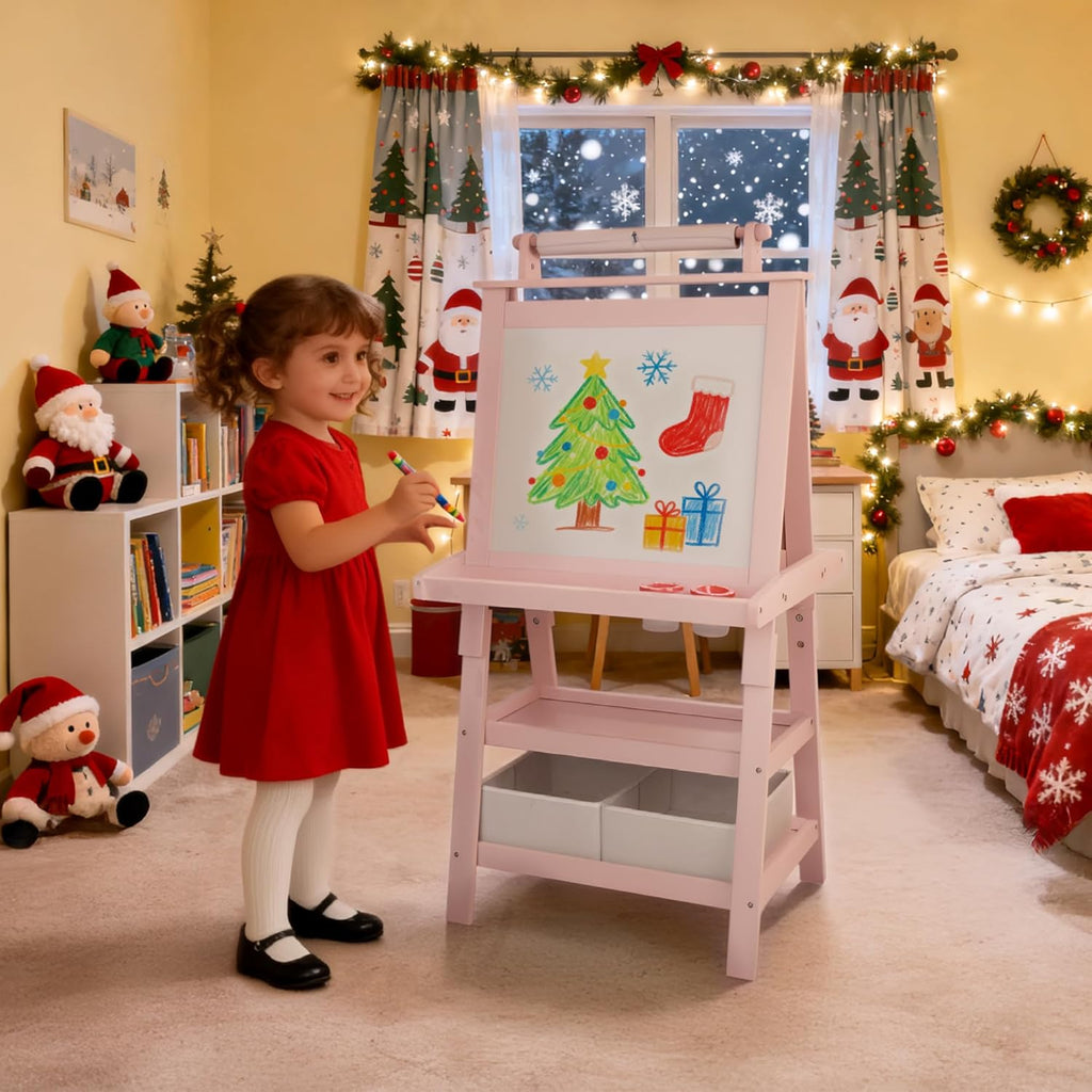 3 in 1 Kids Art Easel w/Storage, Double-Sided Magnetic Whiteboard & Chalkboard, Dry-Erase Board w/Paper Roller, Toddler Children Standing Easel for Painting & Drawing, Accessories, Pink