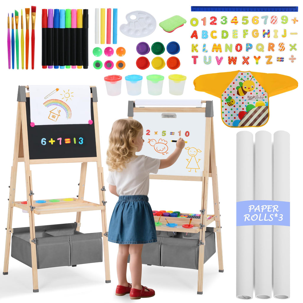 3 in 1 Wooden Kids Easel, Adjustable Double-Sided Art Easel for Kids, Magnetic Whiteboard & Chalkboard, Paper Roller, Art Supplies, Painting Drawing Easel Toddler,Gray