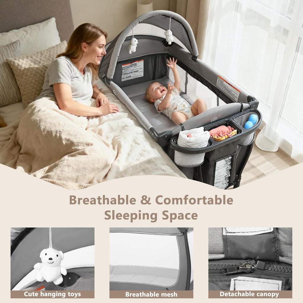 4 in 1 Portable Pack and Play, Baby Playard w/Bassinet, Large Playpen for Infant and Toddler, Newborn Changing Table, Adjustable Canopy, Storage Basket, Travel Bag, Grey