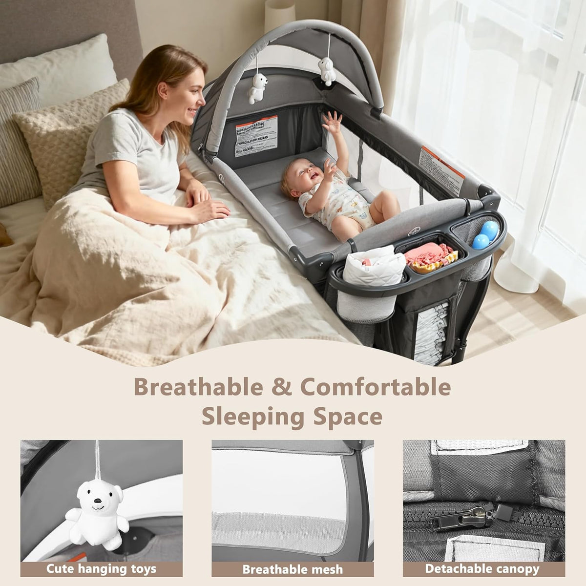 4 in 1 Portable Pack and Play, Baby Playard w/Bassinet, Large Playpen for Infant and Toddler, Newborn Changing Table, Adjustable Canopy, Storage Basket, Travel Bag, Grey