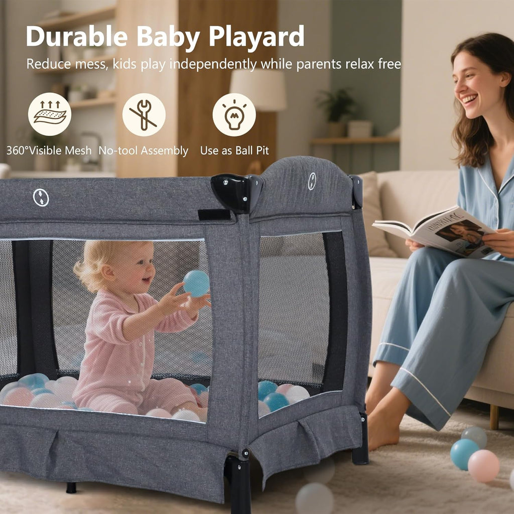 4 in 1 Foldable Pack and Play with Bassinet & Changing Table, Portable Playard for Babies and Toddlers, Adjustable Canopy, Storage Bag, Light Gray
