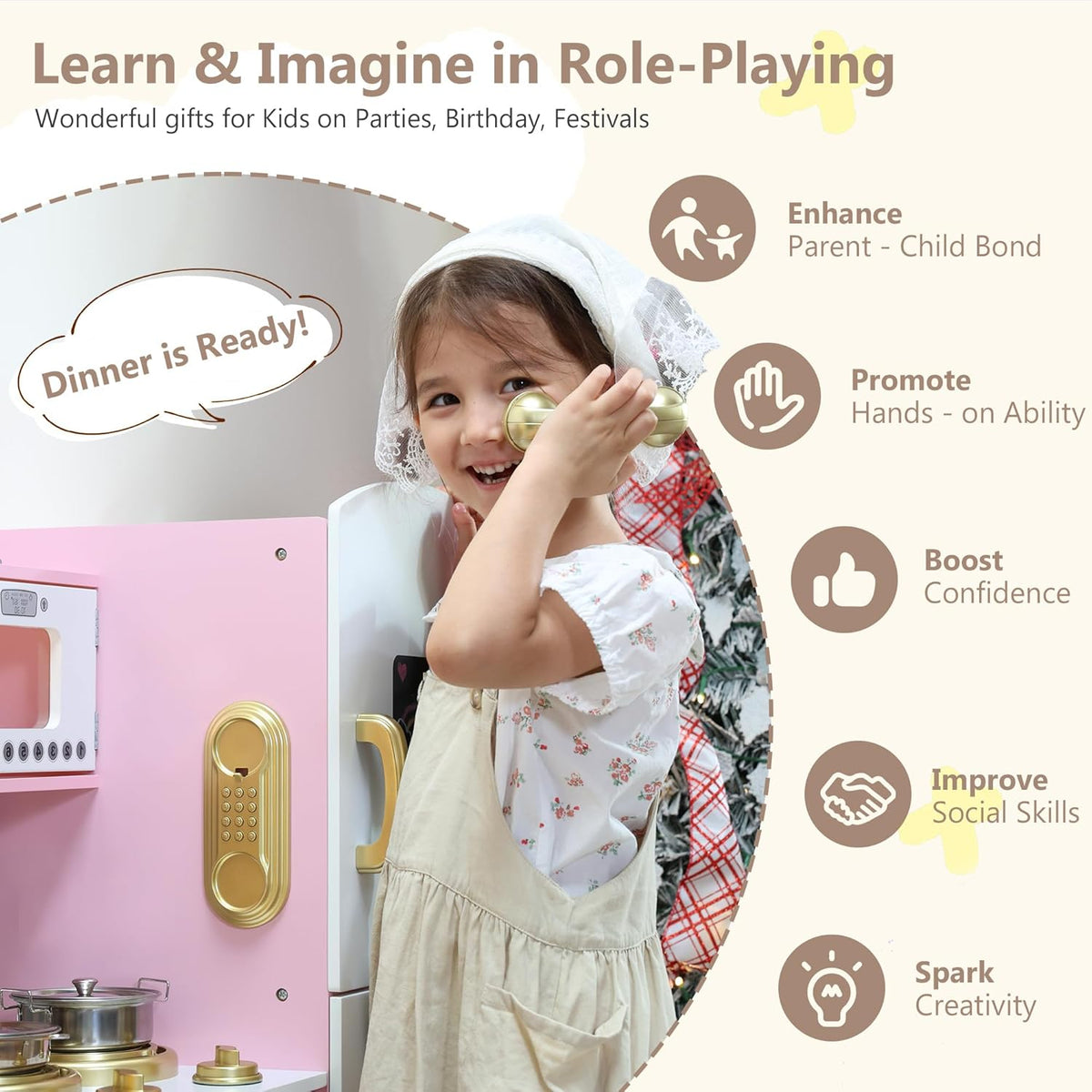 Wooden Kids Play Kitchen, Toy Kitchen Playset for Toddler, Pretend Oven, Microwave, Telephone, Chalkboard, Interactive Doors, Knobs, Realistic Kitchen Sets for Boys Girls Age 3+, Gold