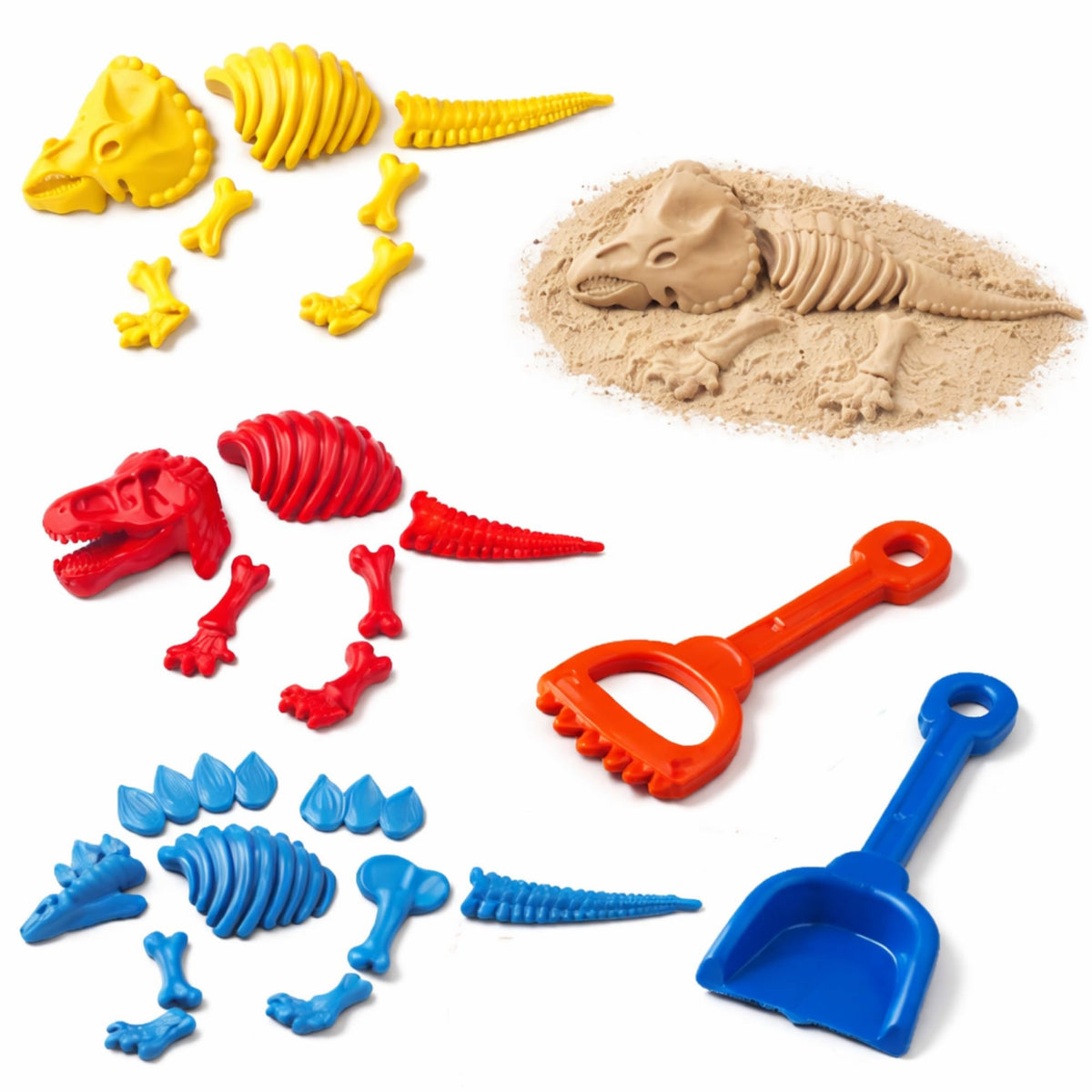 3 Pack Large Dinosaur Fossil Sand Molds Beach Toy Set with Rake and Shovel for Kids Summer Outdoors (25 Pcs Playset)