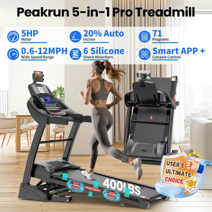 5HP Foldable Treadmill for Home w/ 20% Auto Incline,400lb Capacity, 12MPH Portable Running Walking Treadmill,71 Programs, Personalized Workout w/ APP