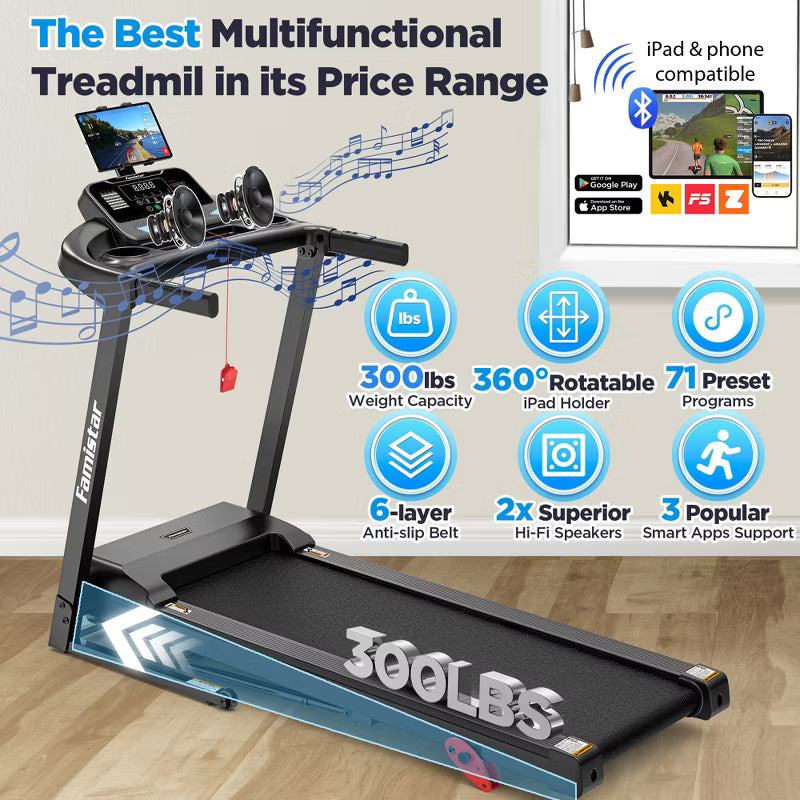 Treadmill for Home, Portable Folding Electric Exercise Treadmill with Adjustable Incline, APP Control, 64 Programs, 300 lb Capacity, 7.5MPH
