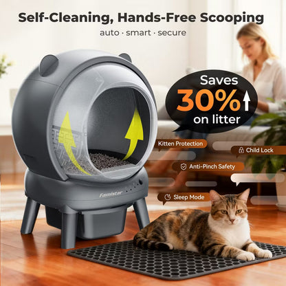 Clearance Sale - Automatic Self Cleaning Litter Box, APP Control, 15L Large Waste Bin, for Multiple Cats, Grey
