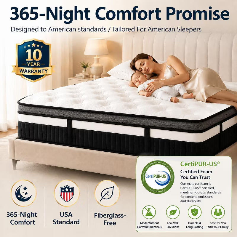 Queen Mattress, 14 Inch Hybrid Mattress with Breathable Foam and Pocket Springs, Medium Firm Memory Foam Mattress in a Box for Back Pain Relief