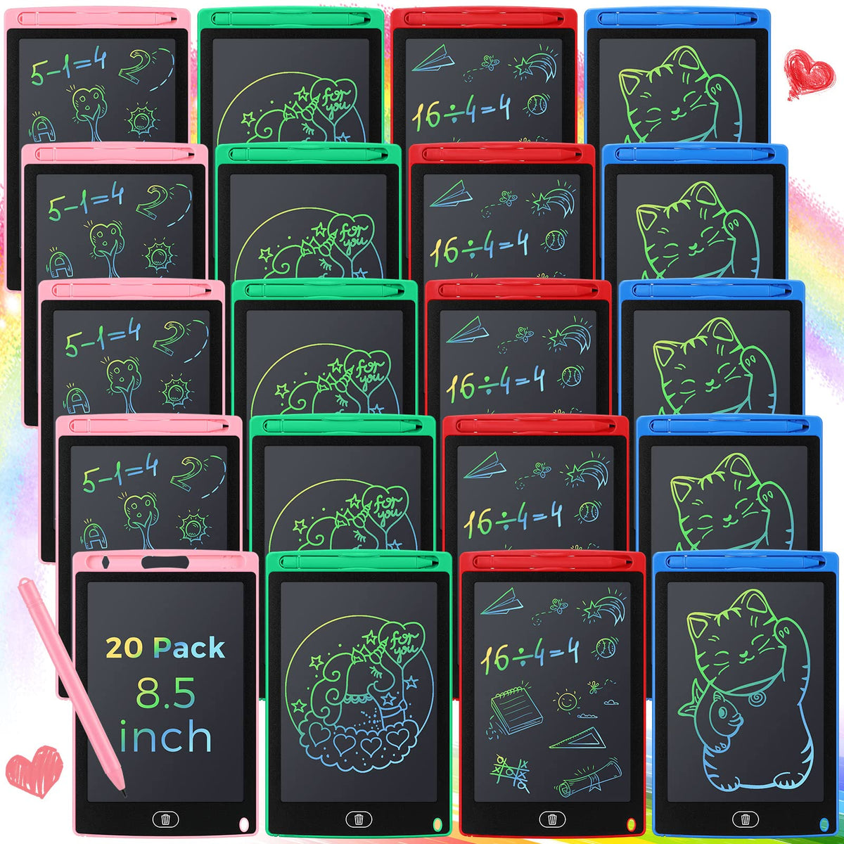 20 Pack LCD Writing Tablet for Kids: 8.5 Inch Colorful Drawing Doodle Boards - Reusable Erasable Doodle Board Educational Learning Toys Gifts for Toddlers Ages 3-8 Party Favors