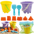 Kids Beach Sand Castle Bucket Set, 2 Buckets with Mesh Bag, 6 Molds, 2 Shovels, Colorful Plastic Beach Toys for Summer Play