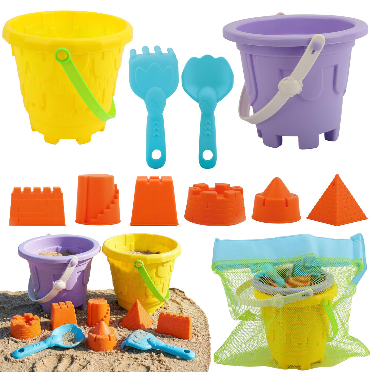 Kids Beach Sand Castle Bucket Set, 2 Buckets with Mesh Bag, 6 Molds, 2 Shovels, Colorful Plastic Beach Toys for Summer Play