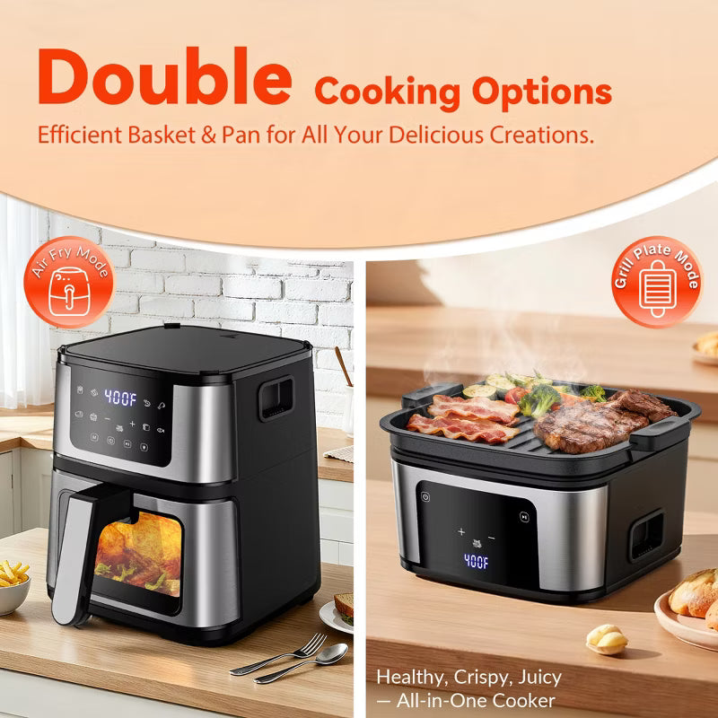 8-in-1 Air Fryer, Grill Plate/Air Fryer Mode,7.5Qt Air Fryers with Digital LED Touch Screen,8 Preset Cookings,95% Less Oil, 100Pcs Liner