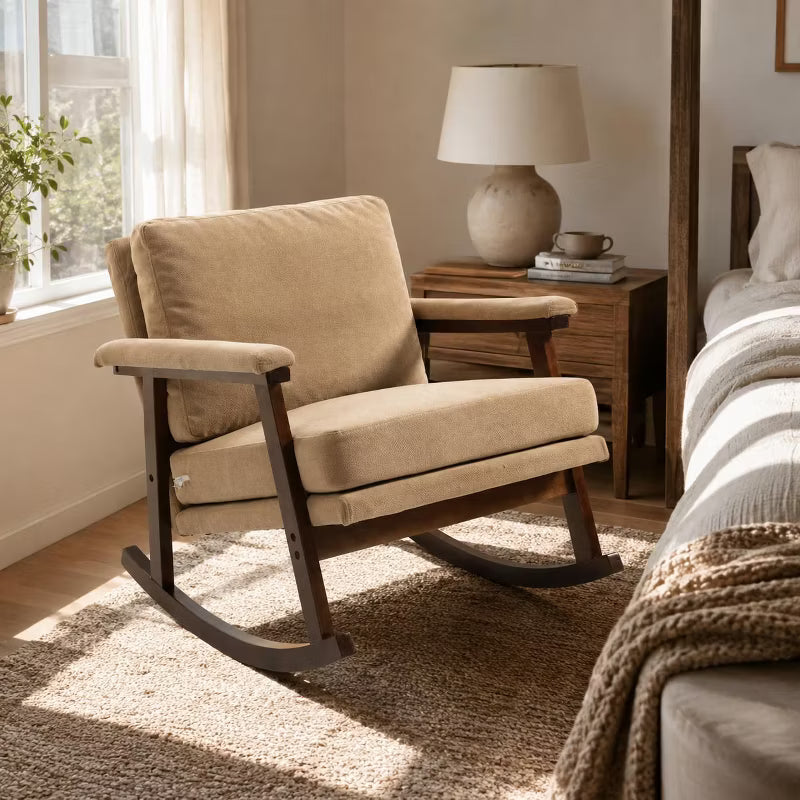 Mid Century Modern Rocking Accent Chair with Wooden Frame, Upholstered Reading Armchair for Living Room Bedroom Nursery and Cozy Home Spaces