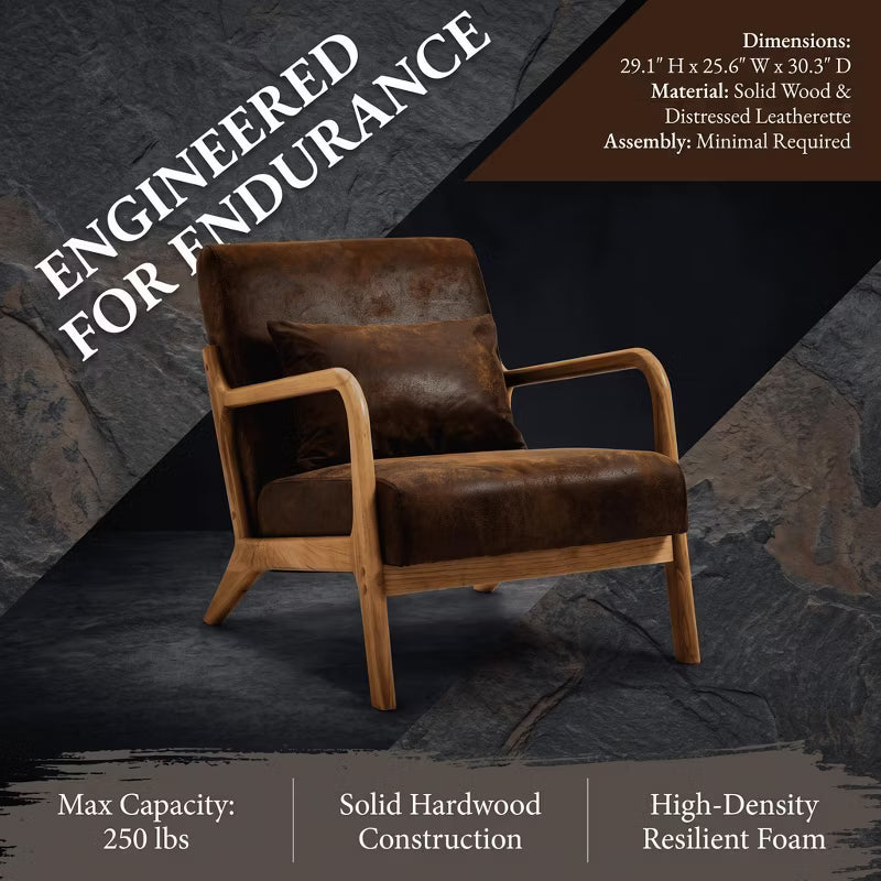 Mid Century Modern Accent Chair with Wood Frame, Upholstered Living Room Chairs with Waist Cushion, Reading Armchair for Bedroom Sunroom