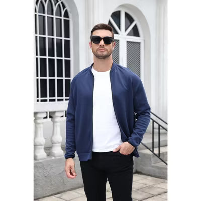 COOFANDY Men's Stand Collar Zip Up Knit Lightweight Casual Bomber Jacket Navy Blue S