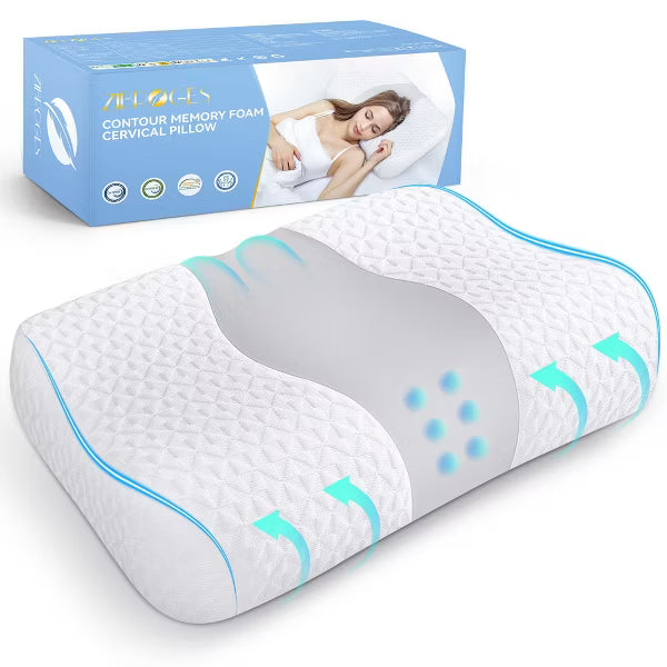 Bed Pillow, Cervical Neck Pillow for Pain Relief, Contour Memory Foam Pillows for Sleeping, Neck Support for Side Back Stomach Sleepers Gray