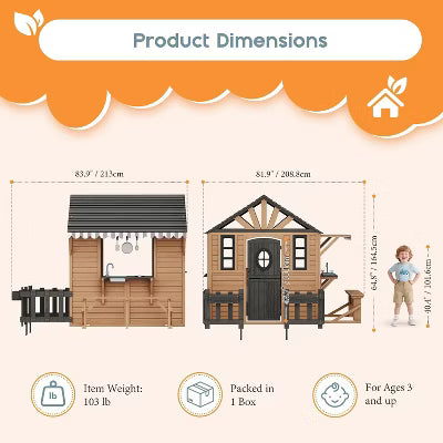 AMERLIFE Large Outdoor Wooden Playhouse with Kitchen, Bench, Fence, Flower Boxes & Awning for Kids