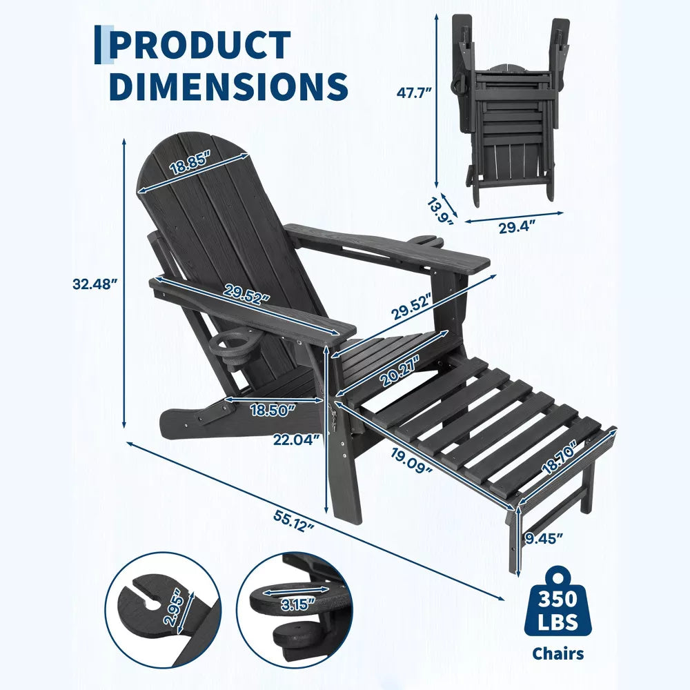 Garvee HDPE Adirondack Chair Set, 2 Folding Outdoor Chairs with Adjustable Backrests, Double Cup Holders, Pull-Out Footrests and Coffee Table