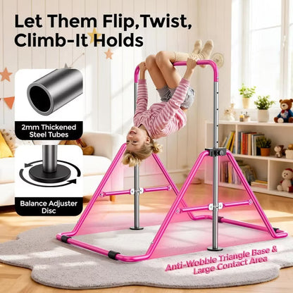 Sportsroyals Gymnastics Bar for Kids,Adjustable Height Gymnastic Horizontal Bars,Folding Gymnastic Junior Training Kip Bar for Home, Pink