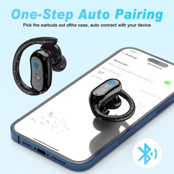 GNMN V7 Ear Buds Wireless Earbuds 96hrs Playback Bluetooth Headphones IPX7 Waterproof Stereo Bass Over-Ear Earphones with Earhooks Microphone