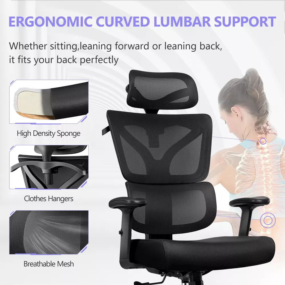 KERDOM Ergonomic High Back Mesh Office Chair, Mesh High Back Desk Chair with Adjustable Headrest, Lumbar Support, Reclining Function,Black
