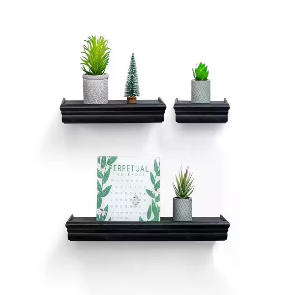 3-Piece Floating Wall Shelves, 17.91" Wood Set for Bedroom, Bathroom, Living Room, Kitchen, Hanging Storage for Books, Plants & Decor, Black