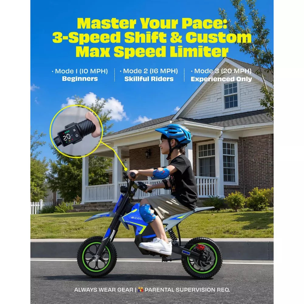 ECOLEAP K2 Kids Electric Dirt Bike, 36V 750W Peak Motor, 19.8 MPH, 18-Mile Range, 3-Speed Modes, Dual Suspension and Disc Brake, Ages 4-10