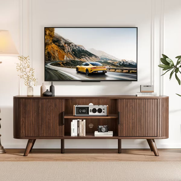 Qwatto Curved Edge TV Stand Walnut Finish Media Console for 65 Inch TV Modern Fluted Door Credenza with Storage Mid Century Living Room Furniture
