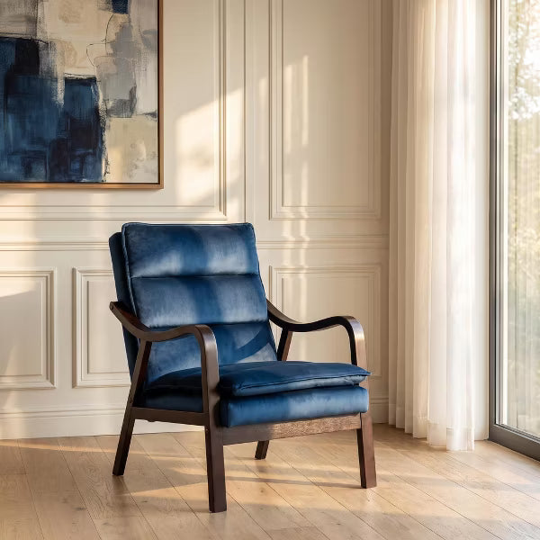 Mid-Century Modern Accent Chair with Solid Wood Frame, High Back Upholstered Reading Armchair, Padded Lounge Chair for Living Room Bedroom
