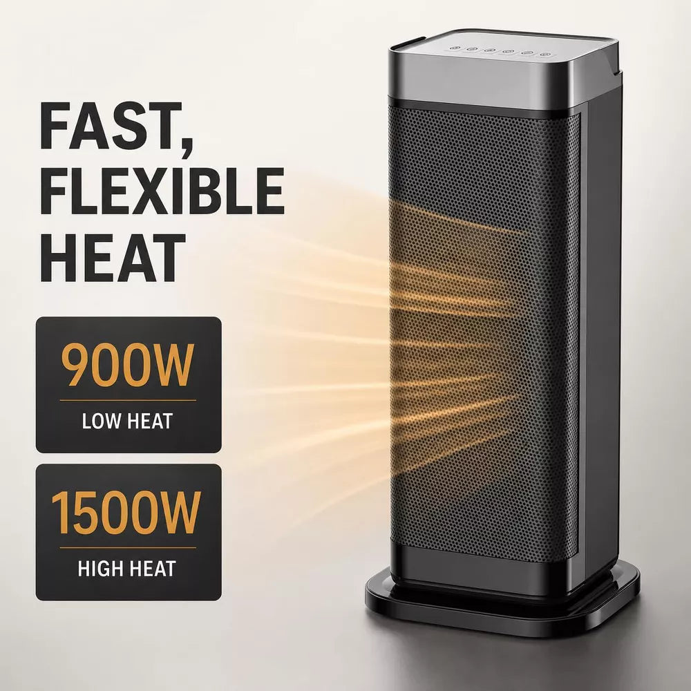 PTC Ceramic Tower Space Heater, 1500W Indoor Space Heater with Remote and Thermostat, 60° Oscillation, 4 Modes, 12H Timer