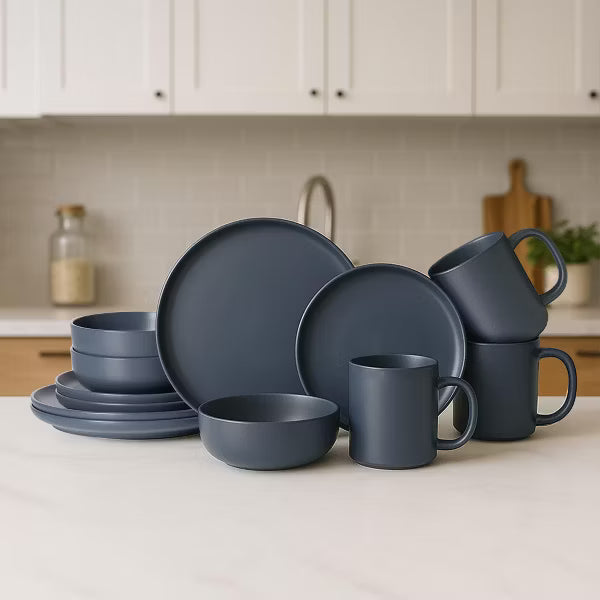12-Piece Stoneware Dinnerware Set with Mugs, Microwave & Dishwasher Safe, Non-Toxic, Stackable Matte Glaze Kitchenware for 3, Blue
