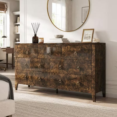 AMERLIFE 7 Drawer Dresser, 60.6" Wide Storage Chest, High Gloss Wood Organizer, Brown