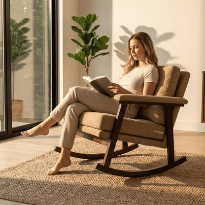 Mid Century Modern Rocking Chair，Soft Accent Chair with Wood Frame，Reading Armchair for Living Room Bedroom Sunroom，250 lbs Capacity，Khaki