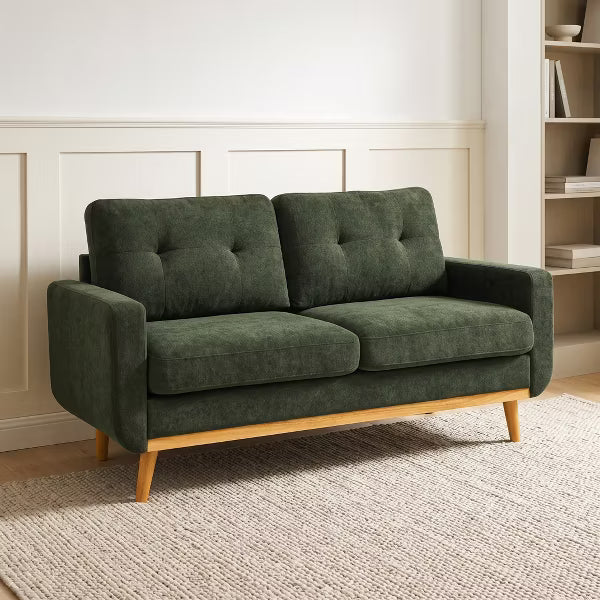67.7" Emerald Green Mid-Century Modern Upholstered Loveseat Sofa 2-Seat Fabric Couch with Solid Wood Base for Dorm, Apartment, Living Room