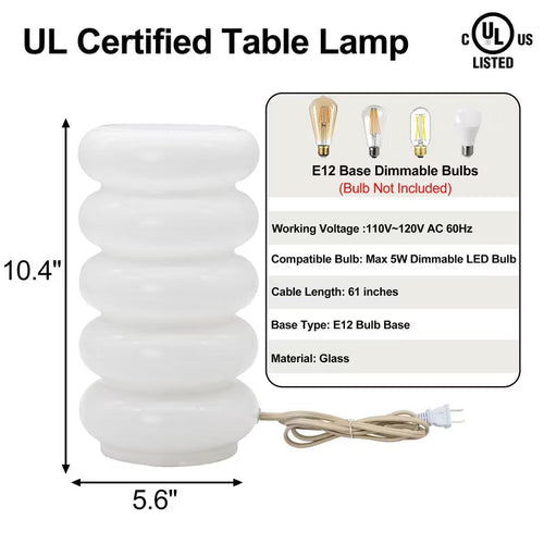5-Tier Stacked Bubble Glass Table Lamp, UL Listed, Dimmer & Braided Cord, Nightstand & Bedside Lamp for Bedroom, Living Room, Entryway,White