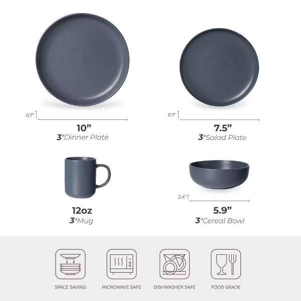12-Piece Stoneware Dinnerware Set with Mugs, Microwave & Dishwasher Safe, Non-Toxic, Stackable Matte Glaze Kitchenware for 3, Blue