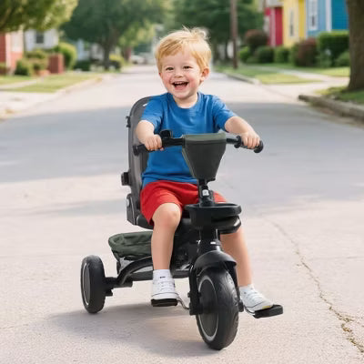 Kinder King 8 in 1 Kids Tricycle Folding Toddler Trike w/Adjustable Push Handle, Military Green