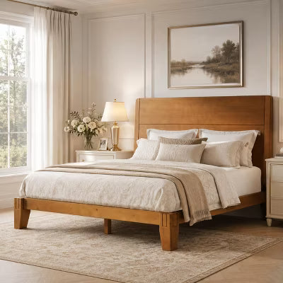AMERLIFE Queen Solid Wood Platform Bed Frame with Headboard, Japanese Joinery, Brown
