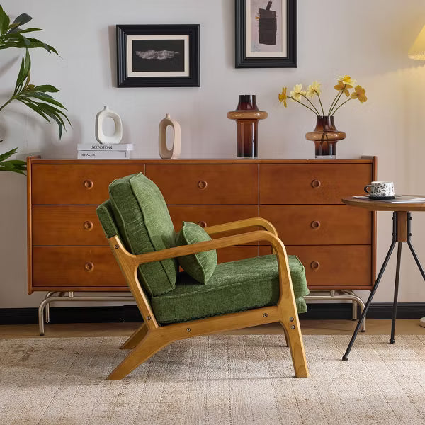 Karl Home Green Mid Century Solid Wood Accent Chair Chenille Armchair