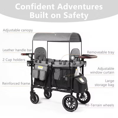 Kinder King All-Terrain Stroller Wagon for 2 Kids with Canopy, Shock-Absorbing Wheels, Storage Bag, Snack Tray & Adjustable Leather Handle, Black&Grey