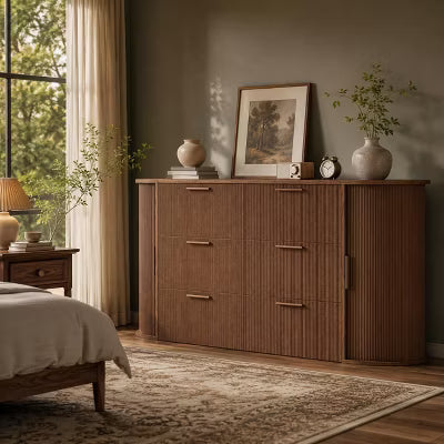 AMERLIFE Queen Murphy Bed Cabinet with Storage Drawer & Sliding Tambour Door, Engineered Wood, Brown
